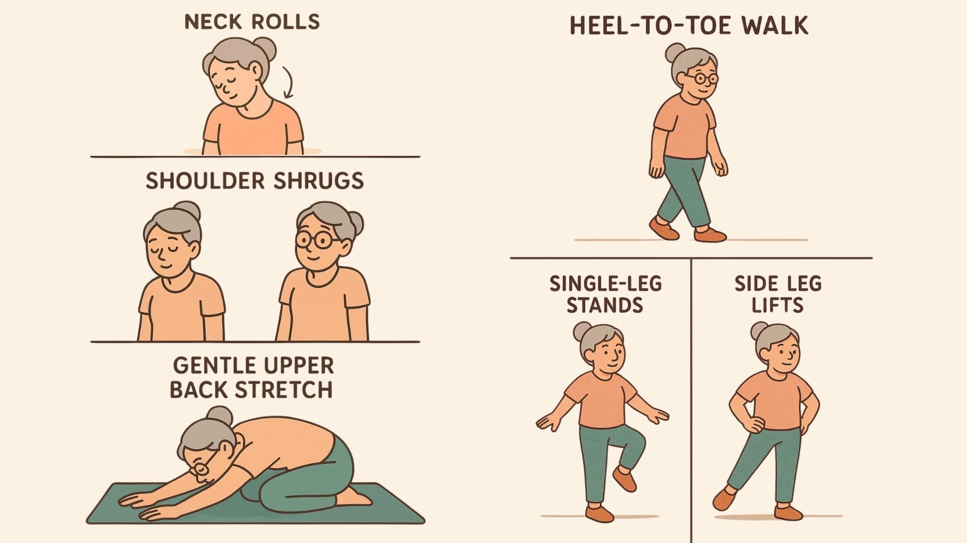 Illustration of senior woman doing neck rolls, shoulder shrugs, heel-to-toe walk, single-leg stands, and side leg lifts as part of balance and flexibility exercises.