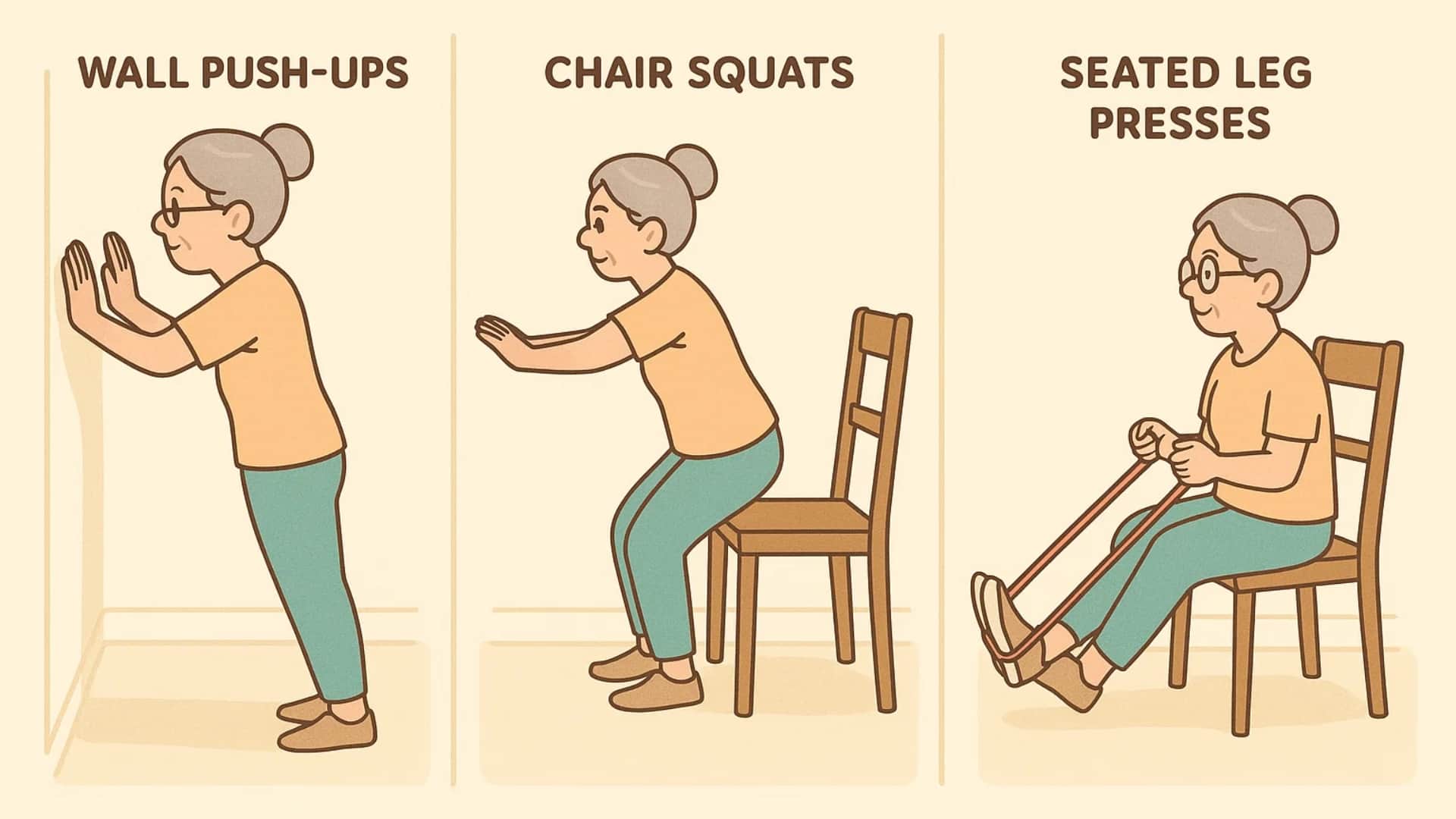 Illustration of senior woman performing pelvic tilts, knee-to-chest stretch, seated leg lifts, heel slides, bridge, and gentle quadriceps stretch for lower back and knee-friendly exercises.
