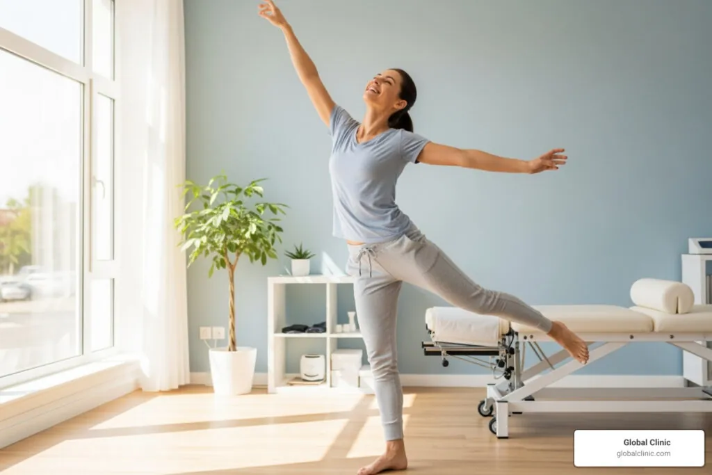 Smiling woman stretching freely in a bright treatment room