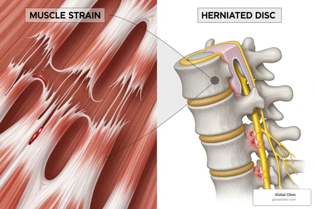 Illustration comparing a muscle strain with a herniated disc pressing on a nerve