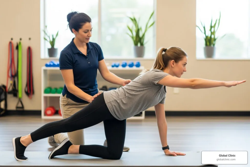 Physical therapist guiding a woman through a bird-dog back exercise