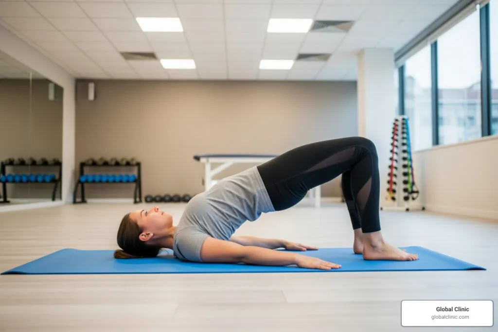 Woman doing a glute bridge exercise on a mat