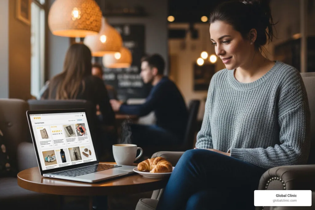 Woman reading online reviews on a laptop in a cafe