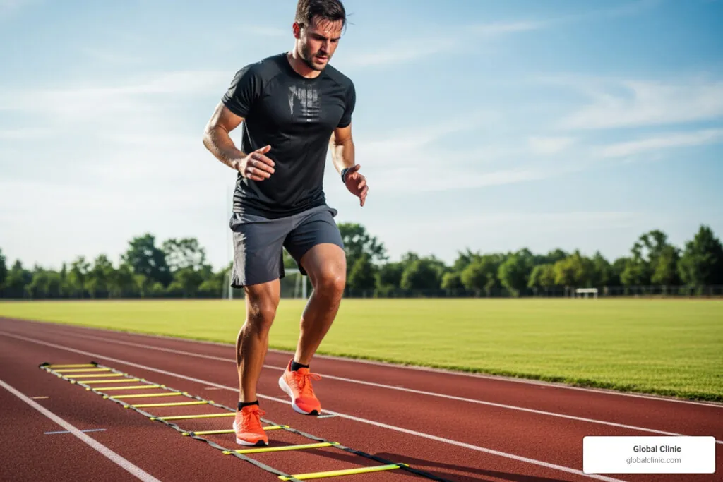 Athlete doing agility ladder drills on a running track