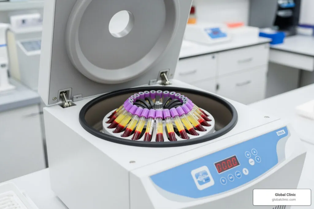 Centrifuge loaded with blood sample tubes for PRP preparation