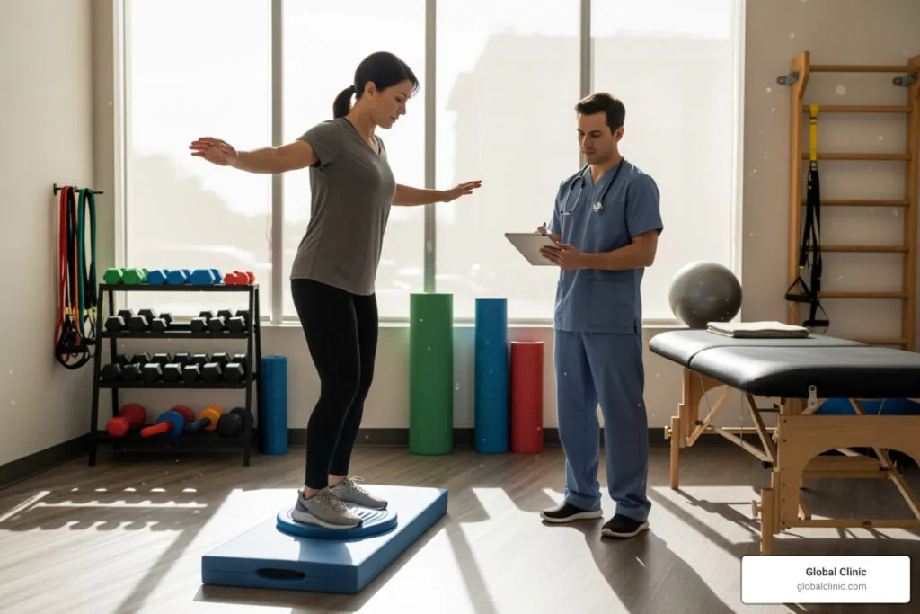 Patient doing a balance exercise on a balance board while a physical therapist takes notes