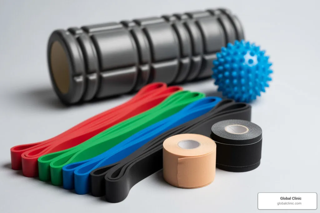 Resistance bands, kinesiology tape, a massage ball and a foam roller
