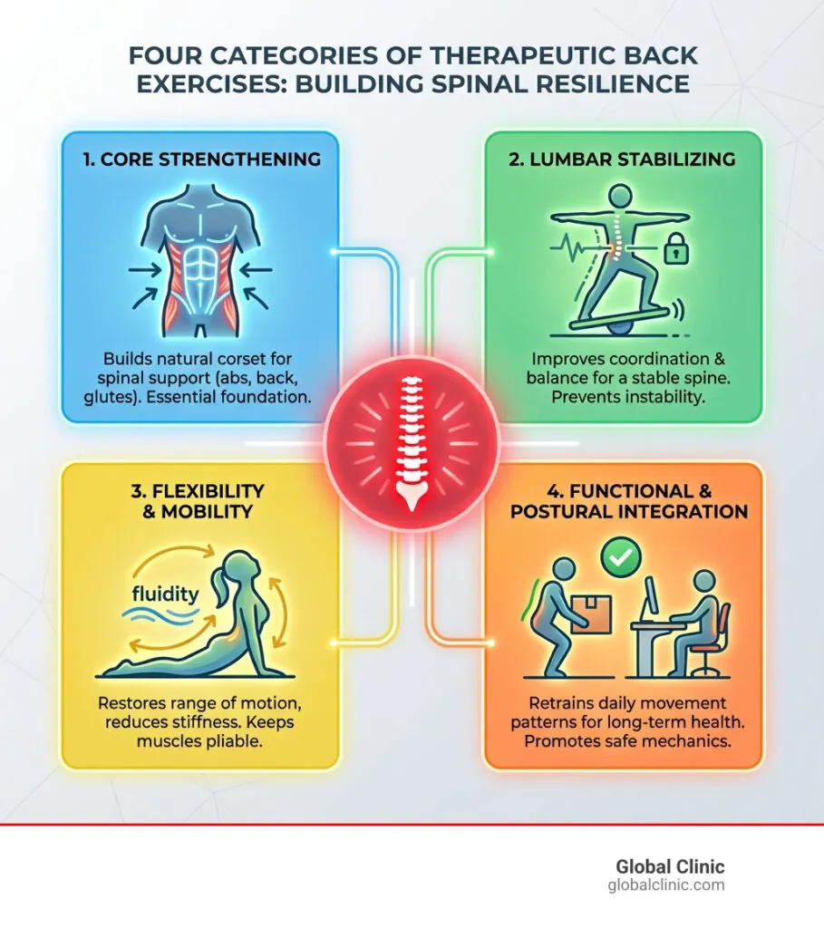 Infographic: four categories of therapeutic back exercises
