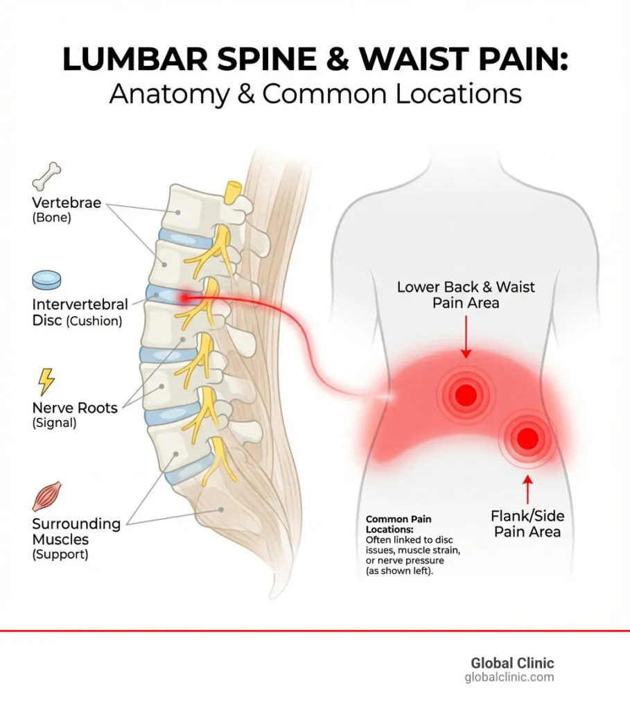 Infographic: lumbar spine anatomy and common lower back and waist pain locations