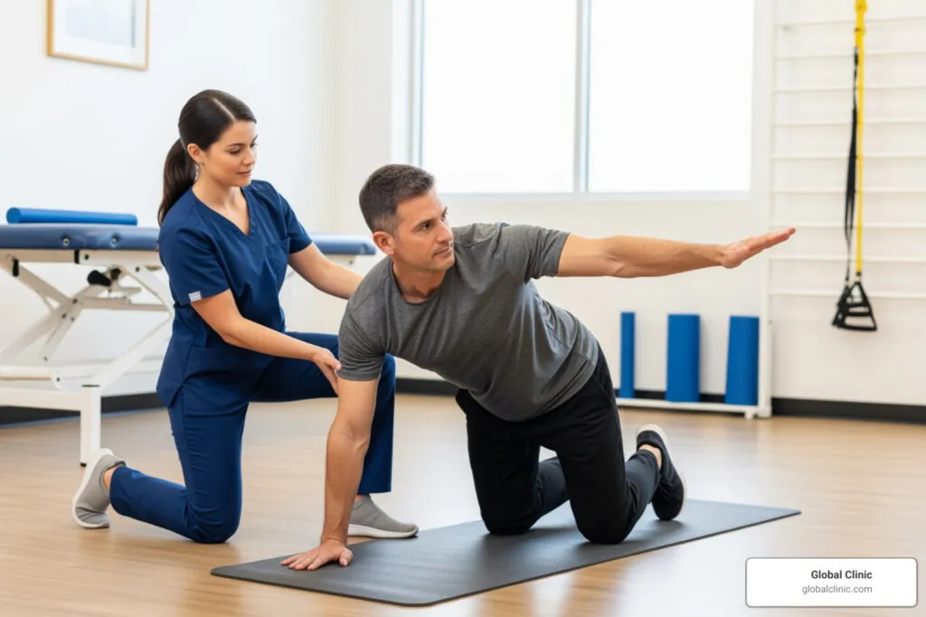 Physical therapist guiding a patient through a bird-dog core exercise