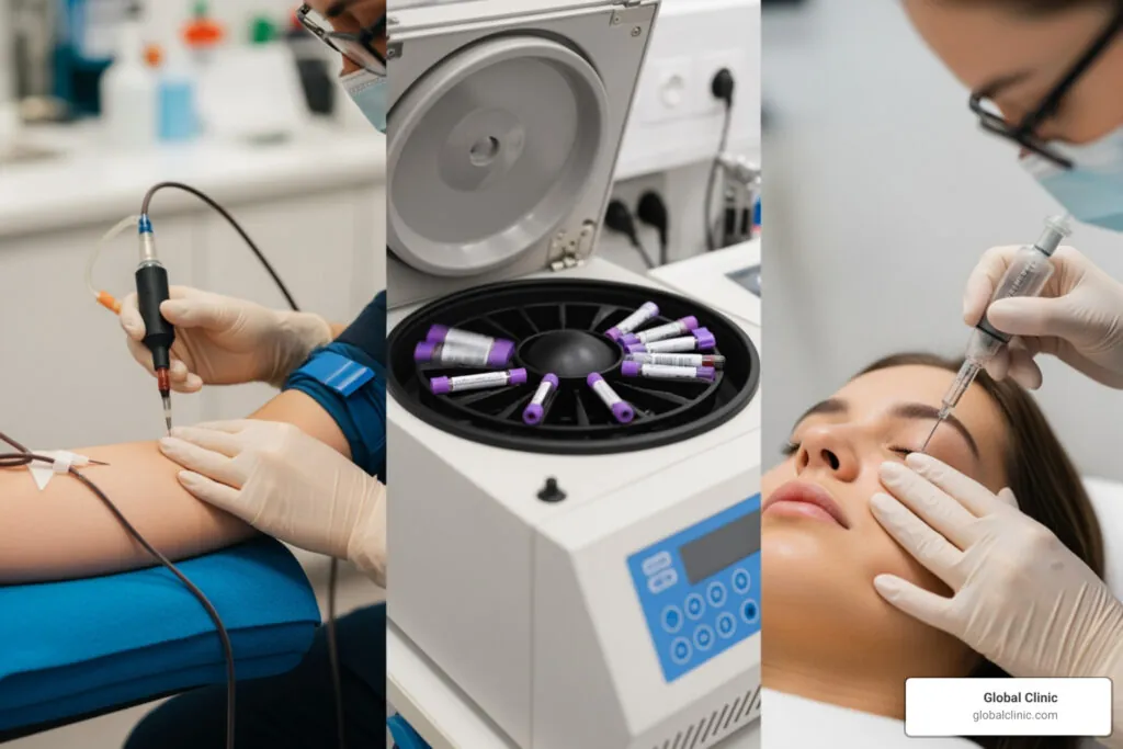 Three steps of PRF treatment: blood draw, centrifuge and facial injection