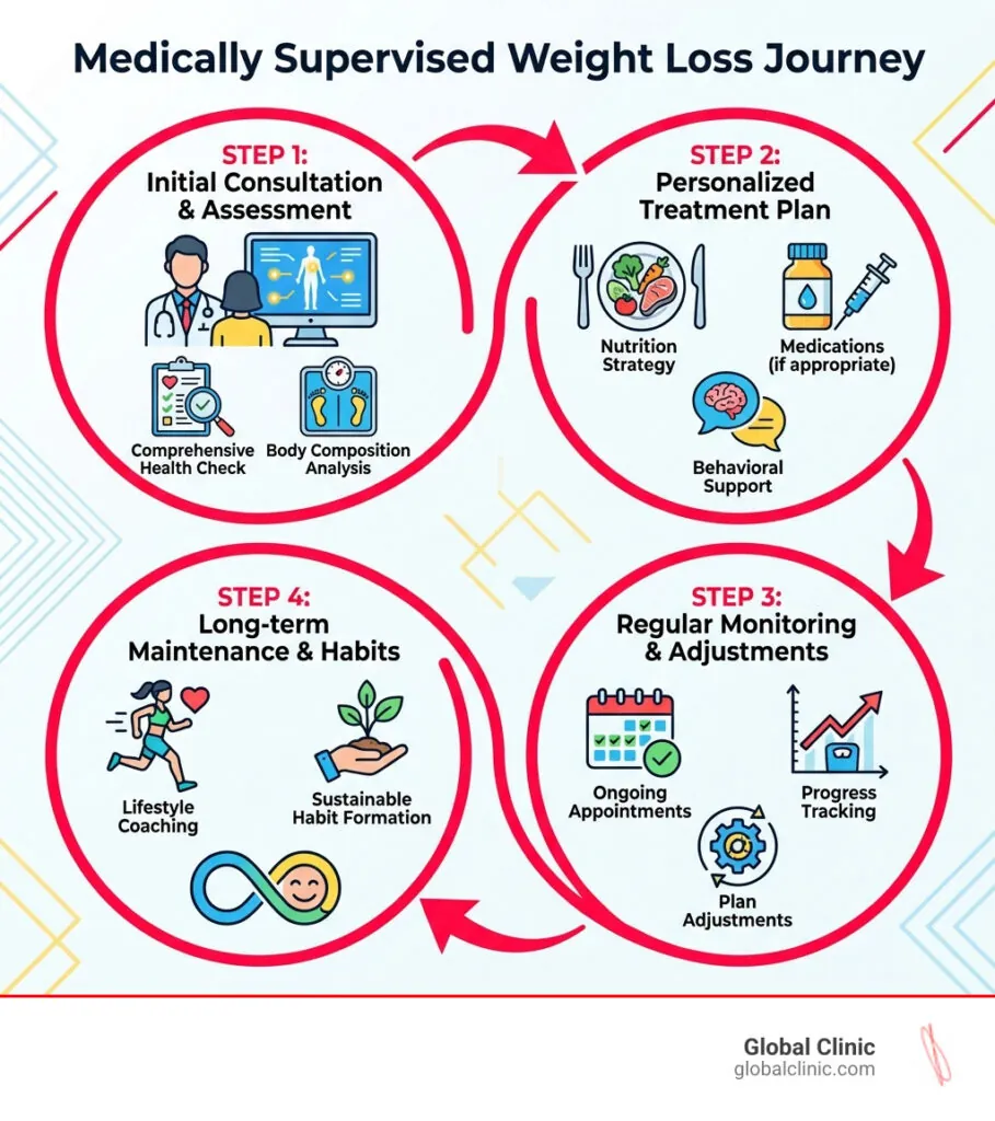 Infographic of a four-step medically supervised weight loss journey from assessment to long-term maintenance