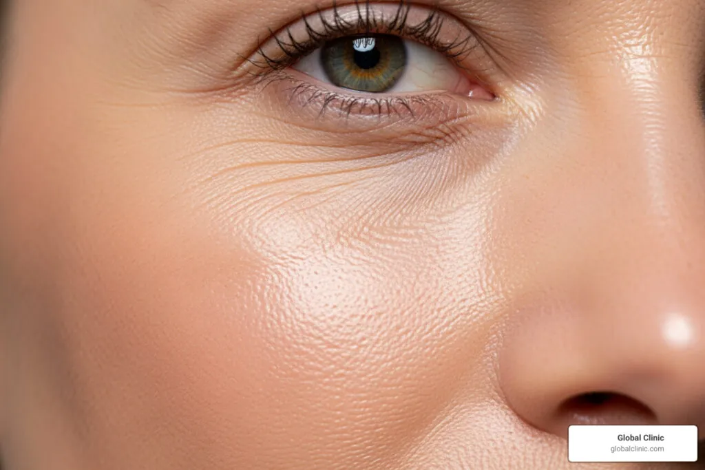 Close-up of skin texture and fine lines around the eye