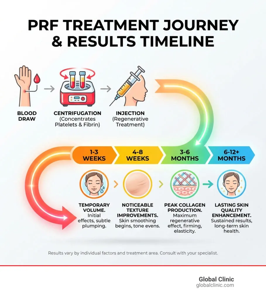 Infographic of the PRF treatment journey and results timeline from 1-3 weeks to 6-12 months and beyond