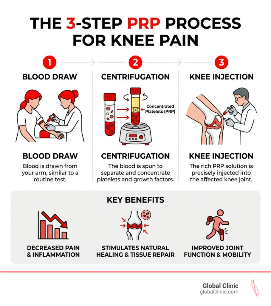 Infographic of the three-step PRP process for knee pain: blood draw, centrifugation and knee injection