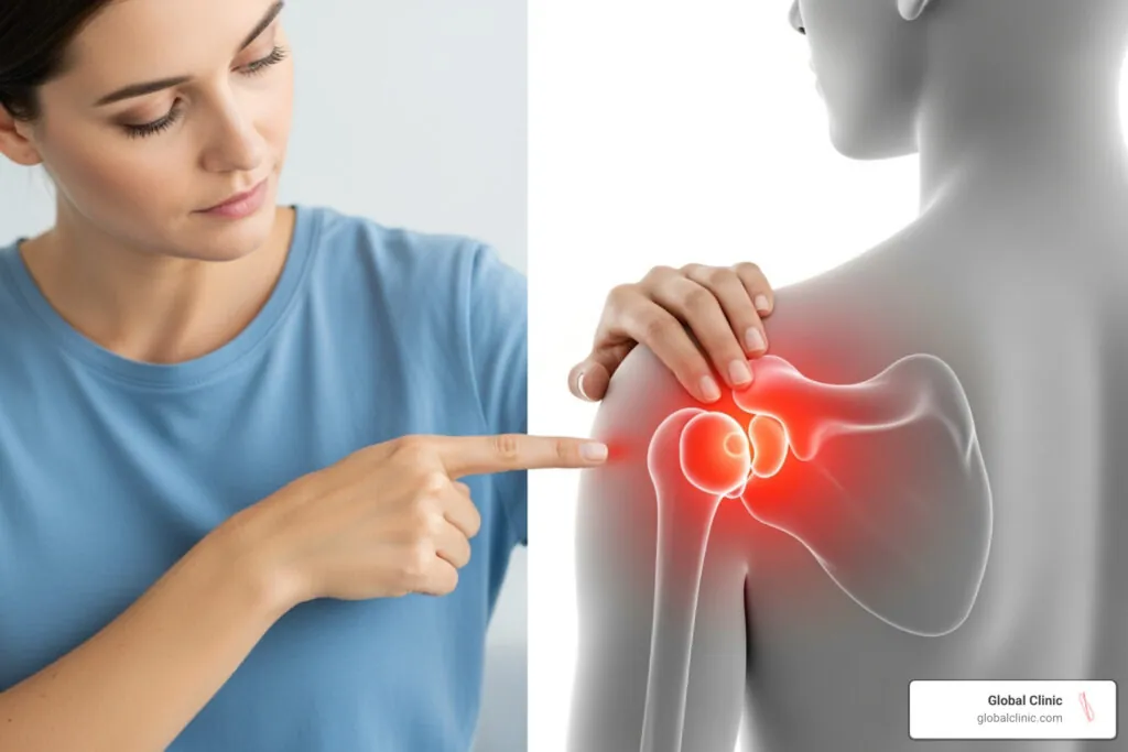 Woman pointing next to an illustration highlighting pain in the shoulder joint