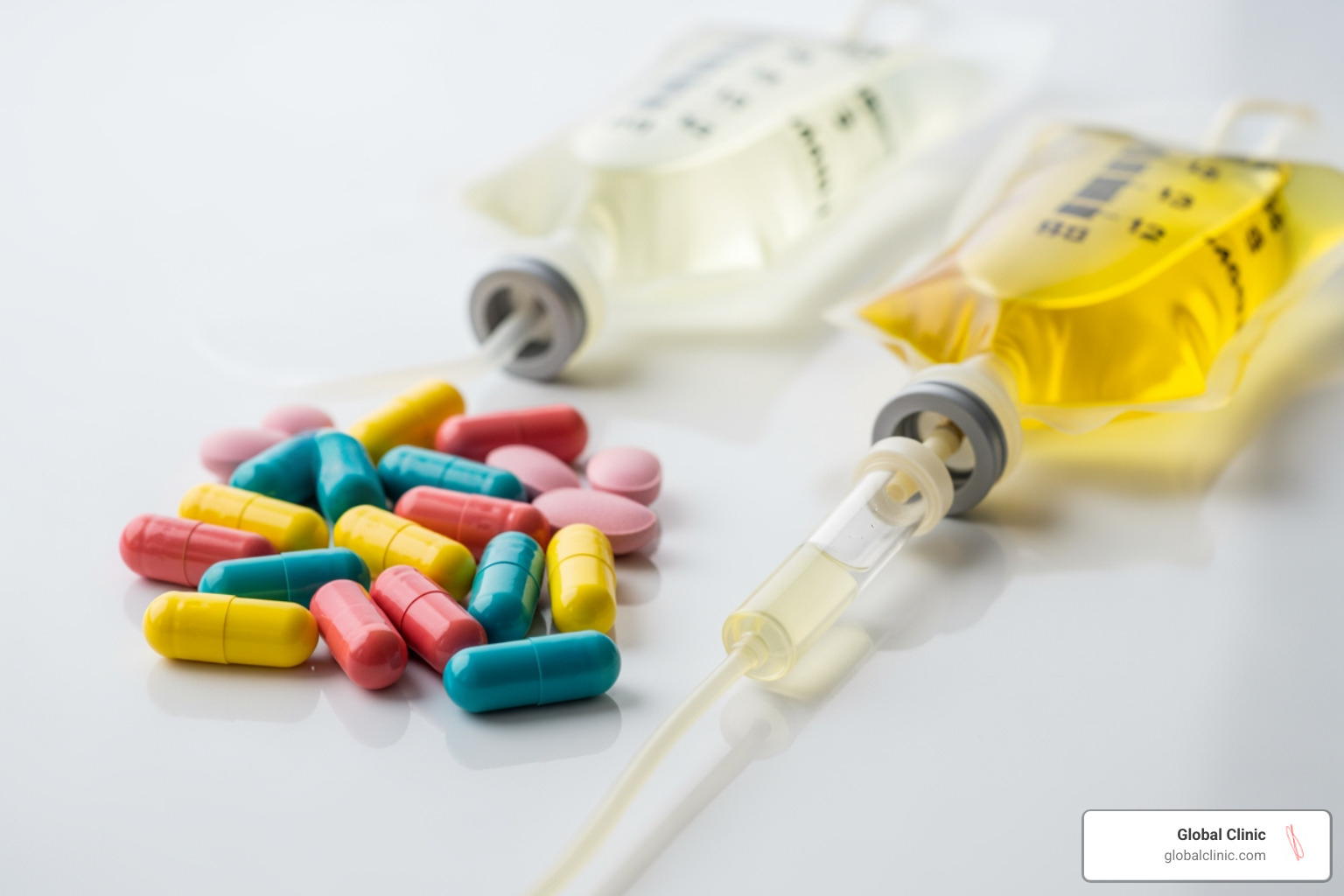 Vitamin capsules next to an IV bag representing delivery methods - b12 iv drip near me