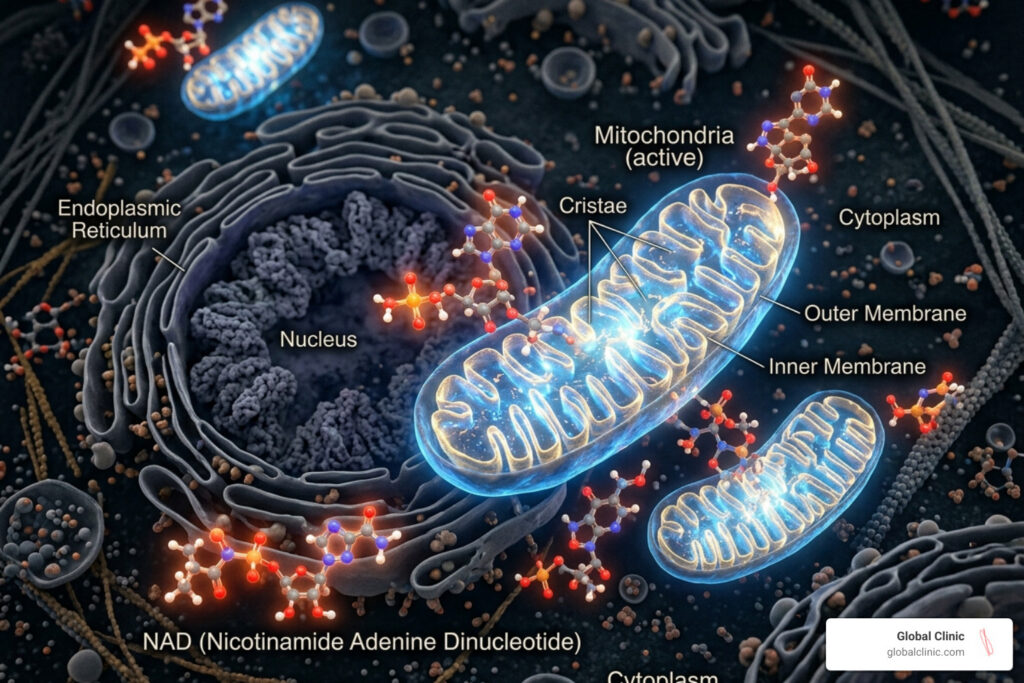 NAD nicotinamide adenine dinucleotide glowing cell mitochondria - what does nad stand for
