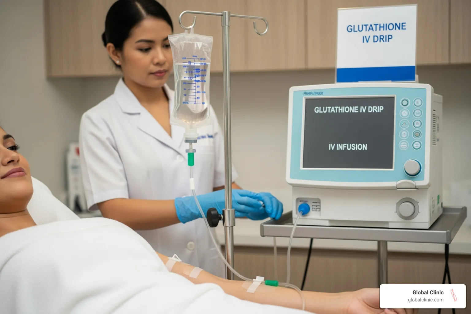 Nurse preparing a glutathione IV drip for a patient resting in a treatment chair