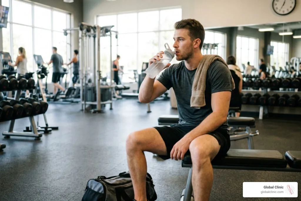 Man resting on a gym bench and drinking water after a workout