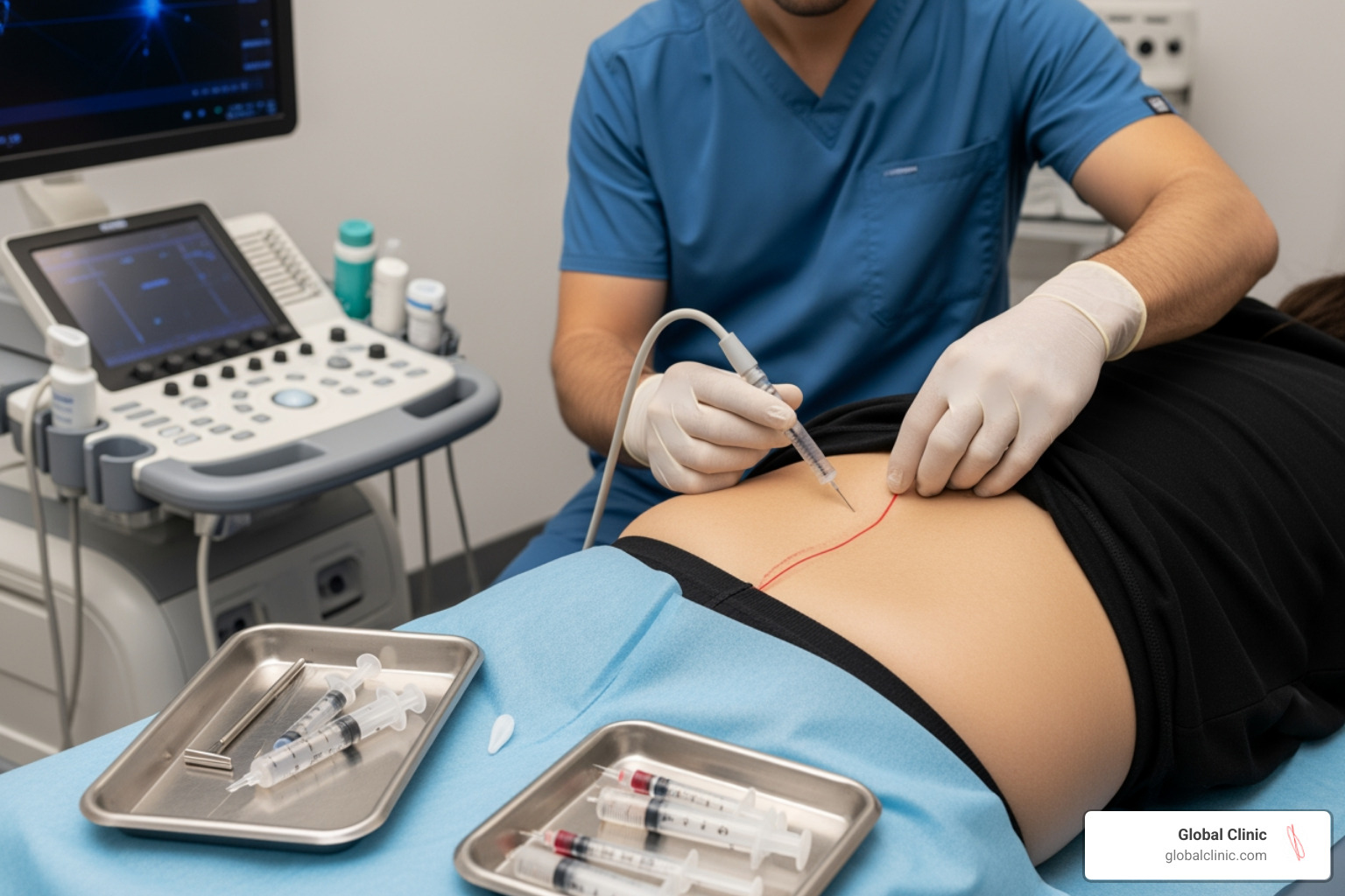Provider performing an image-guided injection in a patient's lower back