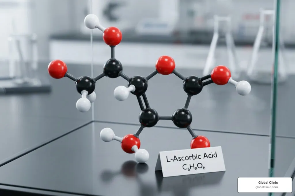 Ball-and-stick model of an L-ascorbic acid (vitamin C) molecule