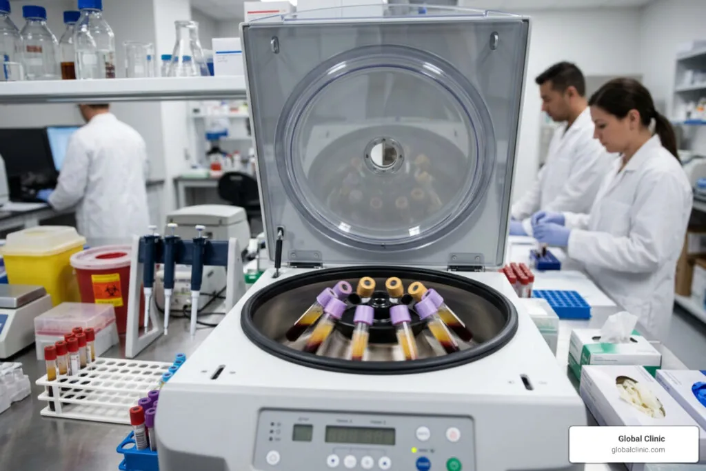 Blood sample tubes in an open centrifuge in a laboratory