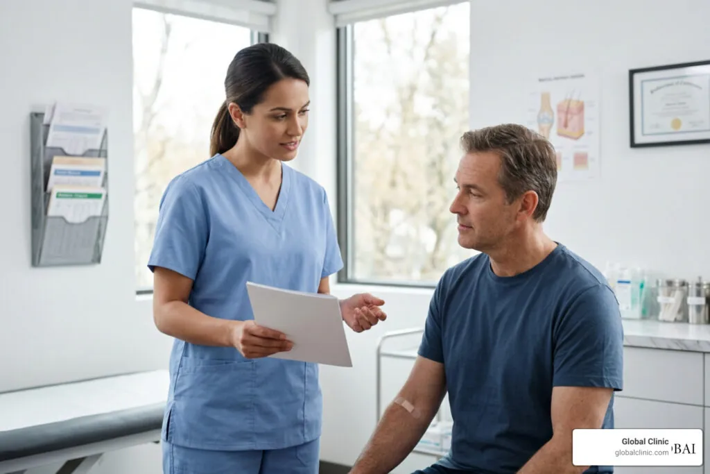 Clinician in scrubs reviewing aftercare instructions with a seated patient