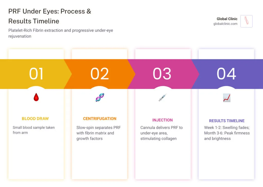 Infographic of the PRF under-eye process: blood draw, centrifugation, injection and results timeline
