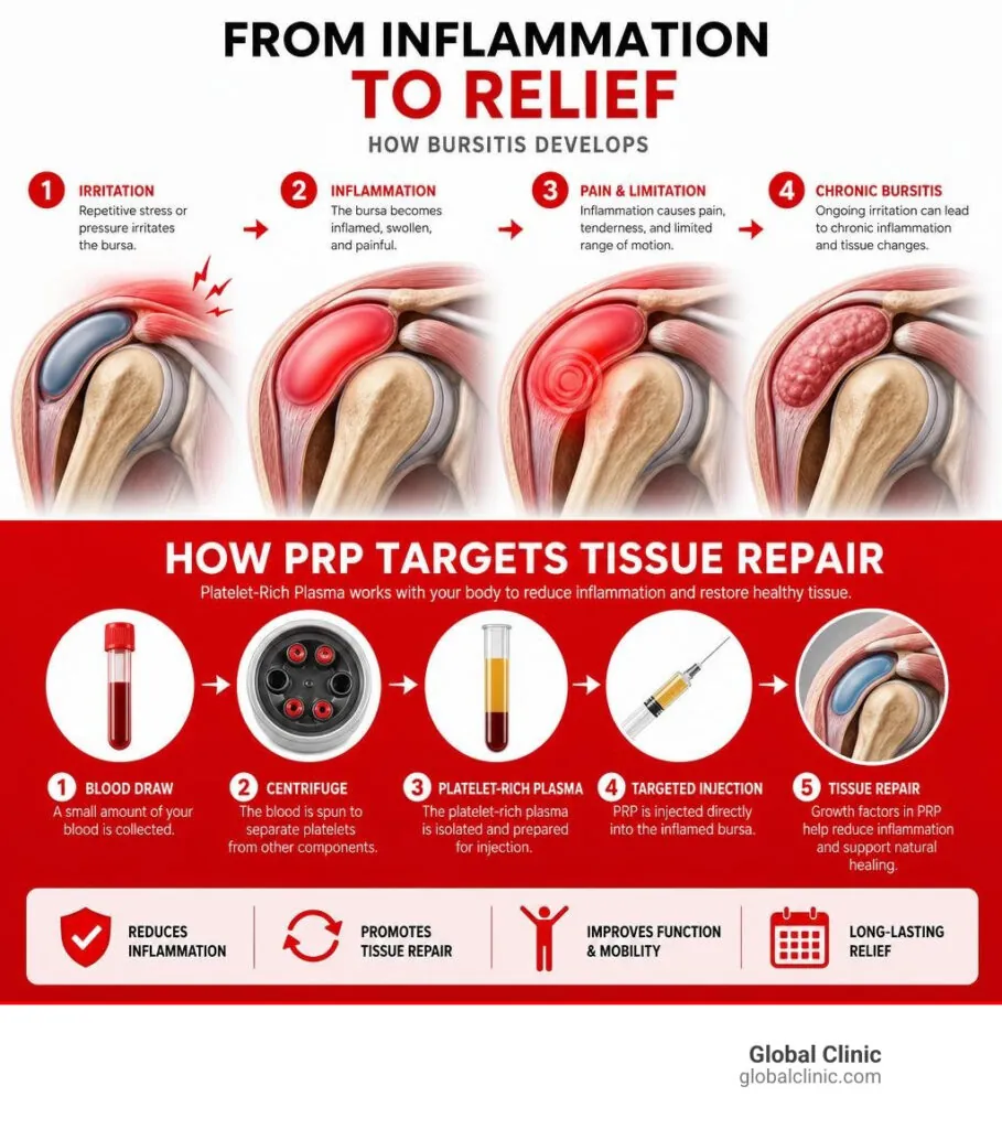 Infographic on how shoulder bursitis develops and the steps of PRP treatment