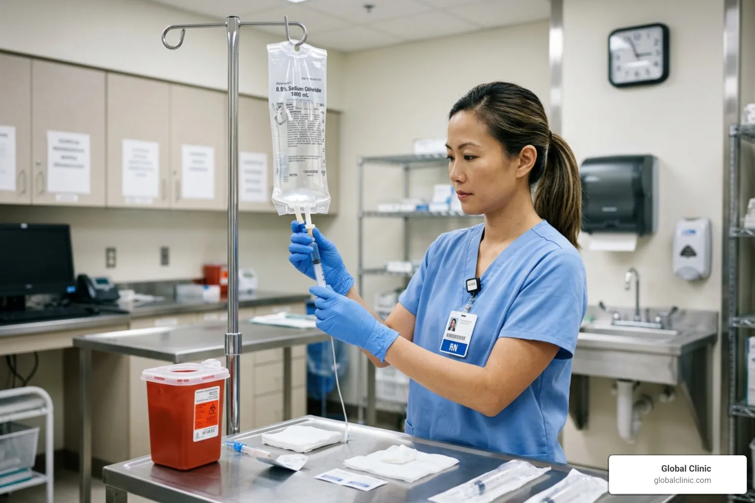 Nurse in gloves preparing an IV bag on a stand