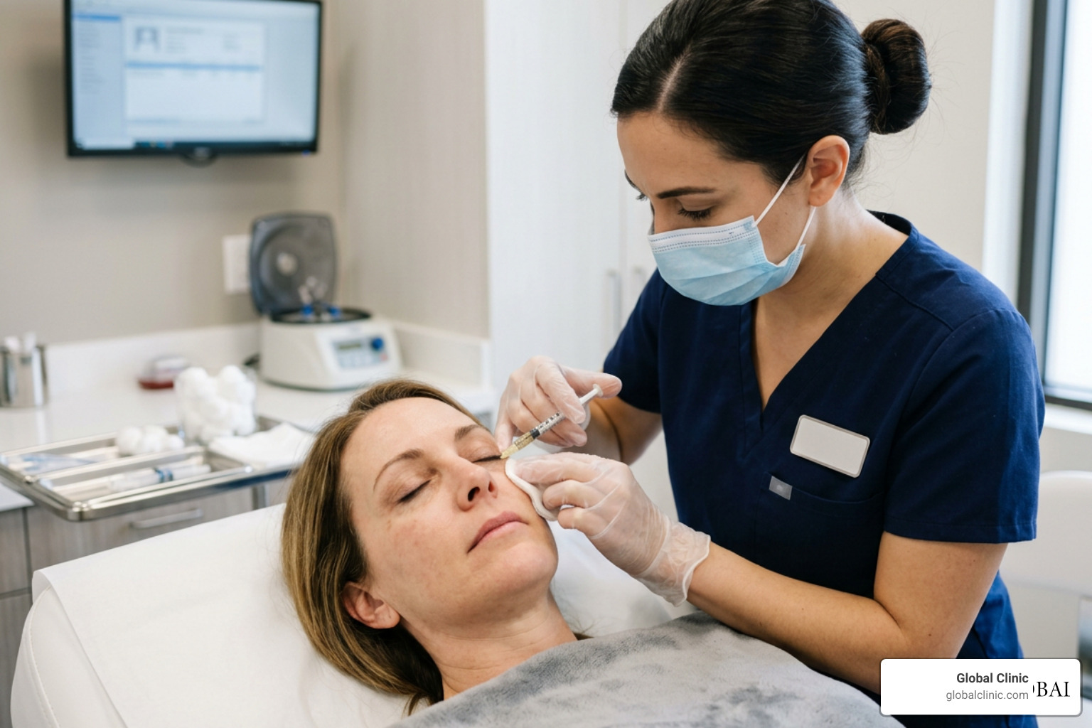 Masked clinician injecting PRP under a patient's eye