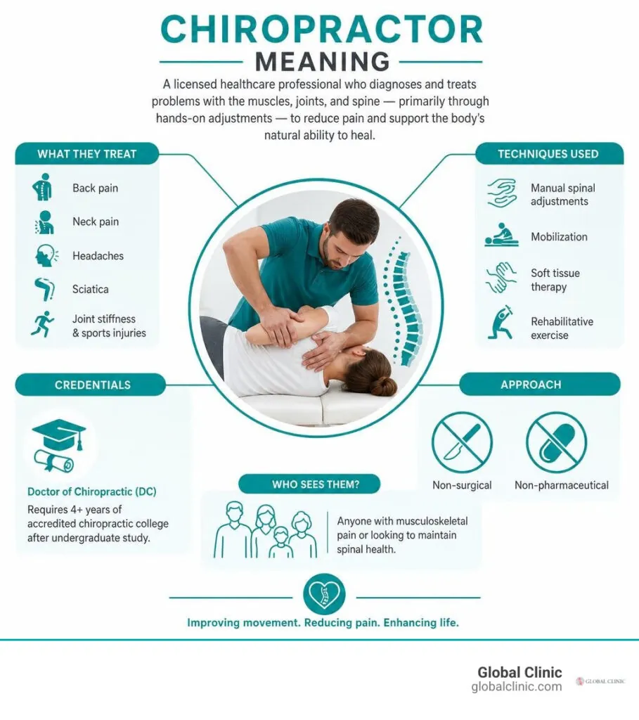 Infographic explaining what a chiropractor is, what they treat, techniques used and credentials