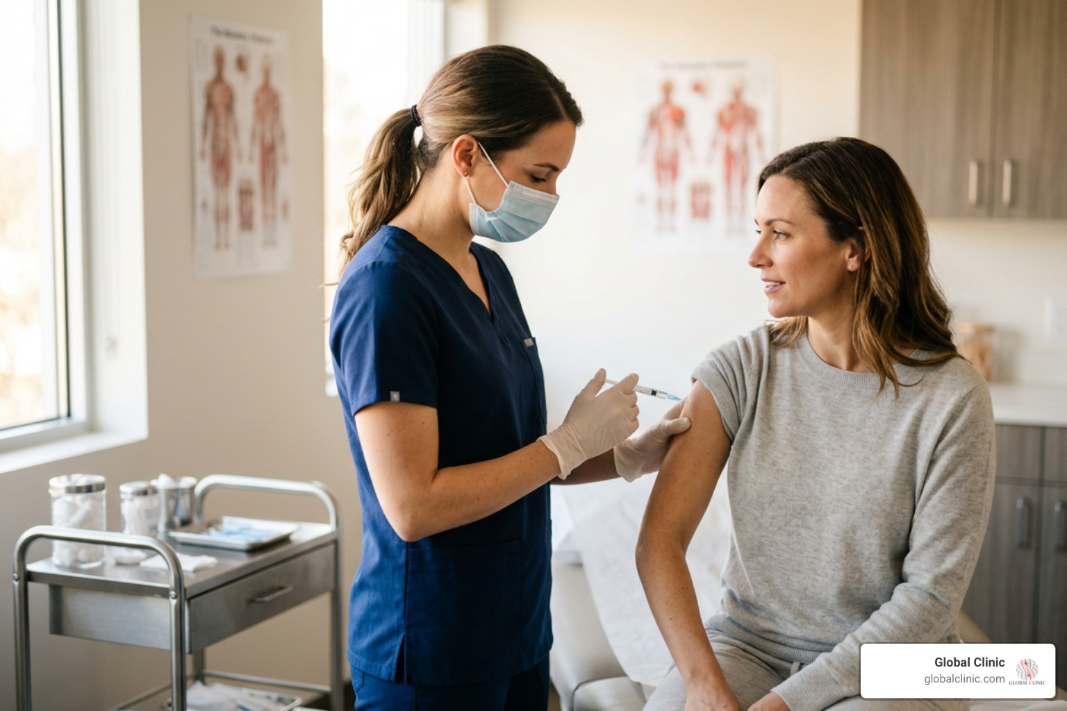 Nurse giving a patient an injection in the upper arm in a clinic exam room