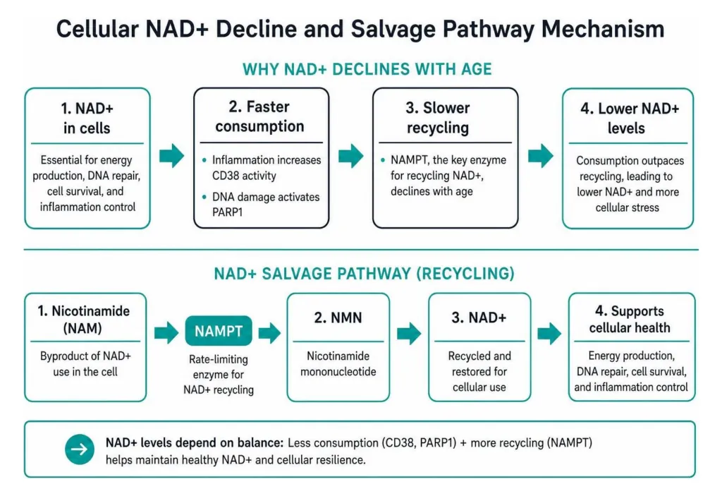 Cellular NAD decline and salvage pathway mechanism
