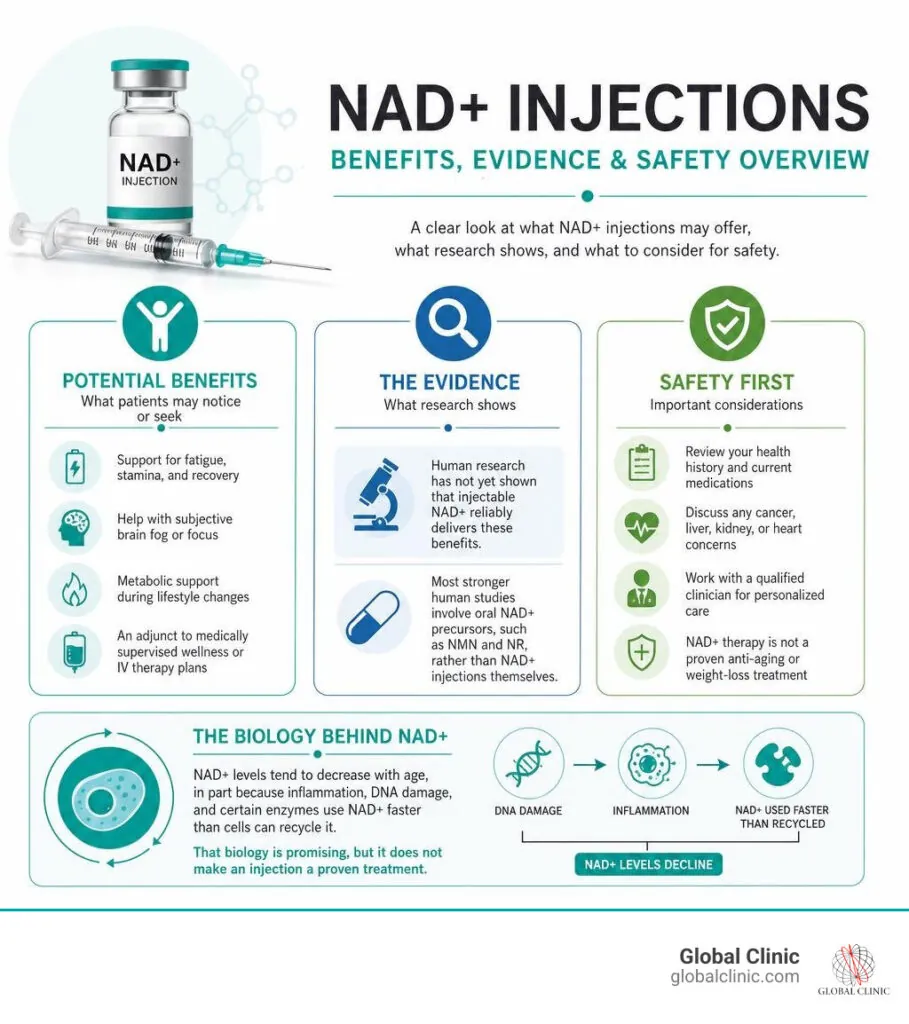 NAD injection benefits evidence and safety overview infographic