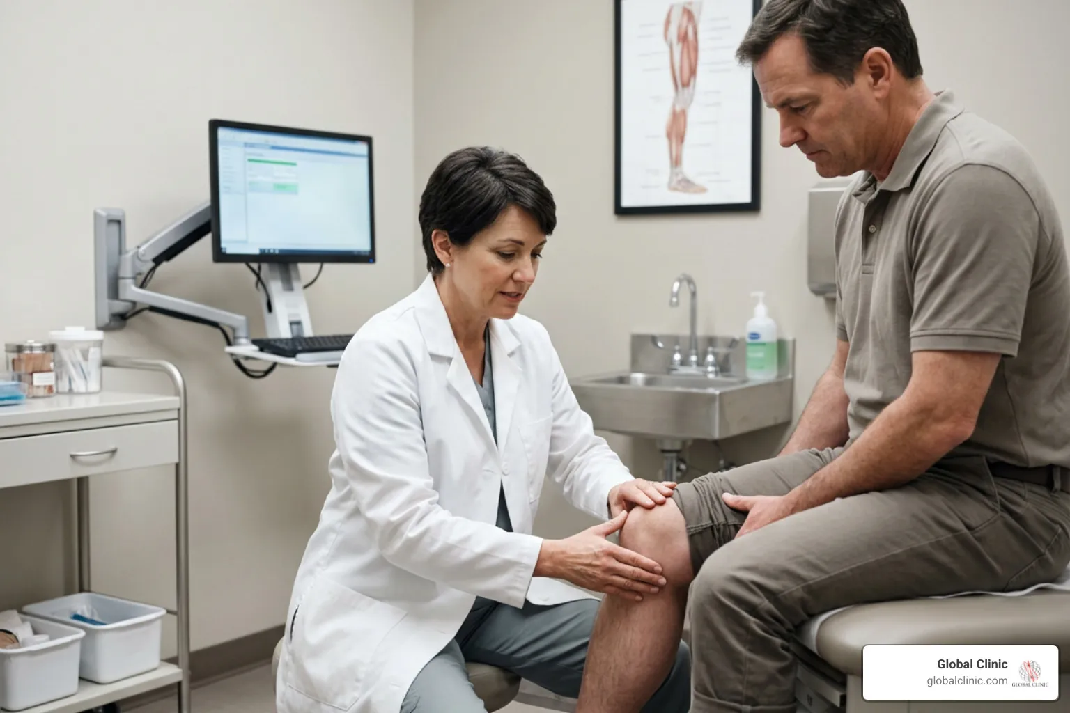 Doctor examining a seated patient's knee in a clinic exam room