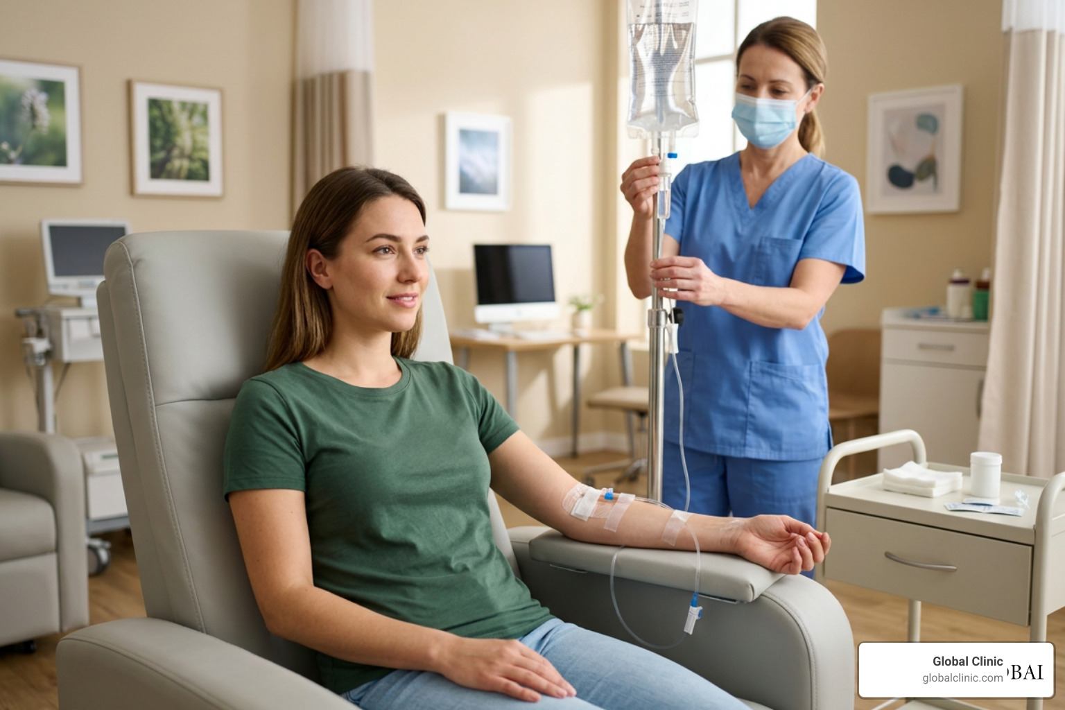 Patient relaxing in a treatment chair while a nurse adjusts an IV drip
