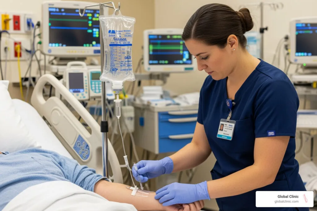 IV infusion administered in a clinical setting