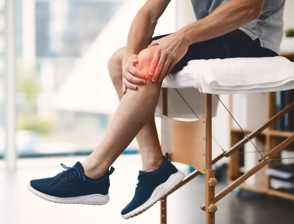 Clinician examining an adult patient's knee in a clinic